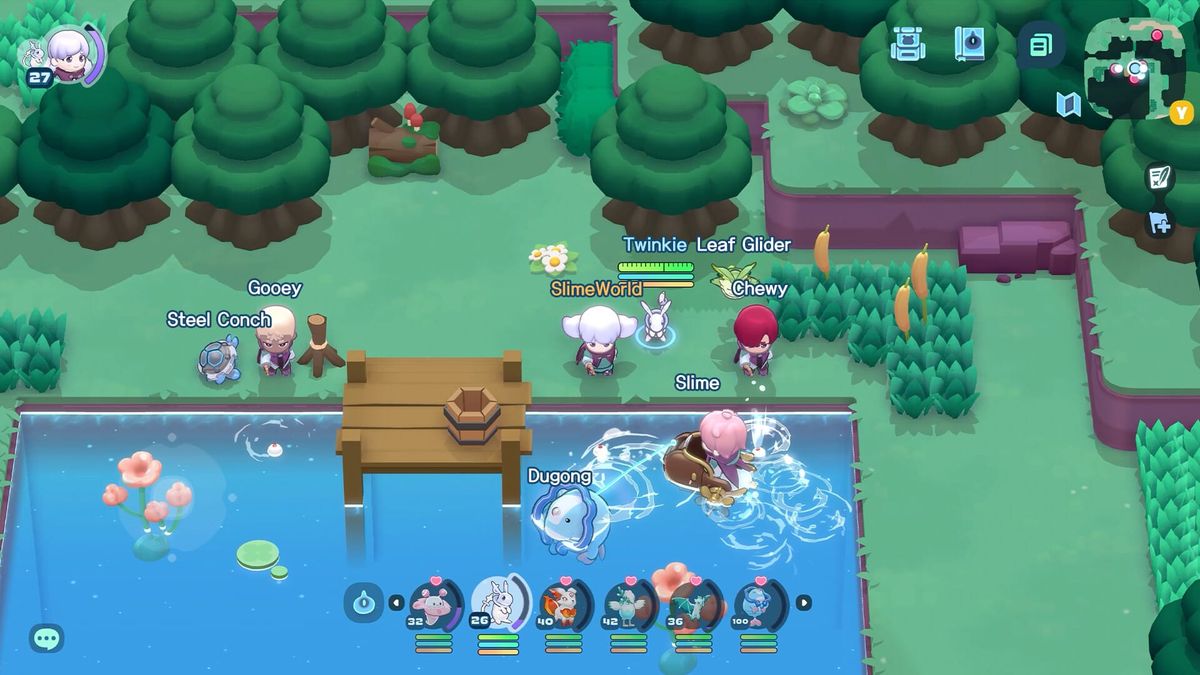 Characters and slime companions beside the water in World of Slime.