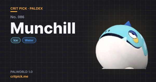 Munchill title card — Palworld Paldex No. 086 on Crit Pick