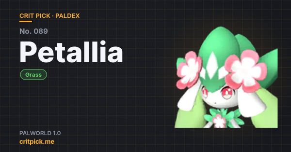 Petallia title card — Palworld Paldex No. 089 on Crit Pick