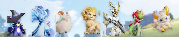 Seven Aniimo from the recommended teams lined up against the sky of Idyll