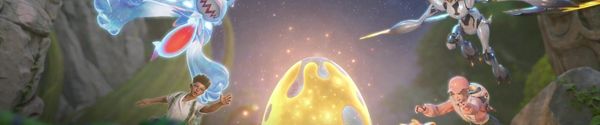 A glowing golden Aniimo egg in a night-sky clearing, with two winged Aniimo and two Pathfinders reaching for it
