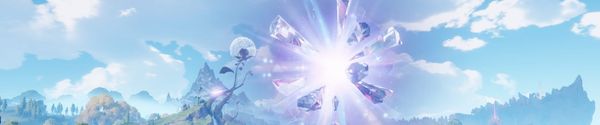 A burst of large pink and white crystals explodes in the sky above a green valley with a giant dandelion tree