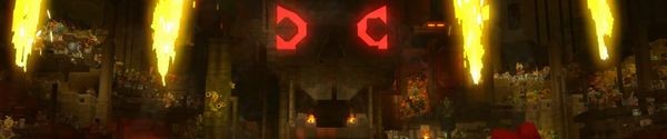 A boss arena from the Hytale Chapter I teaser, with a giant glowing-eyed face in the wall between pillars of fire — title card for Crit Pick’s Hytale Chapter 1 page