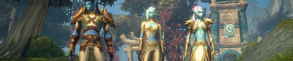 Three Skyborne characters in ornate armour on a stone path in a wooded settlement — title card for Crit Pick’s report on WoW Forever class popularity.