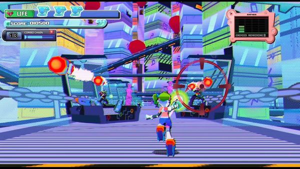 Camellia aims at enemies and incoming projectiles in a colourful TeaKnights stage.