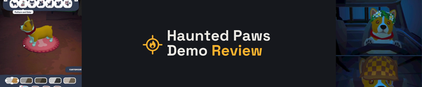 Haunted Paws Demo review title card showing two corgi puppies, with character customisation and shared driving