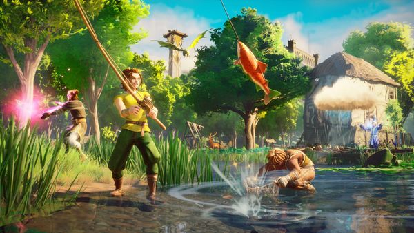 Official Dragonwilds promotional screenshot showing adventurers fishing by a riverside settlement.
