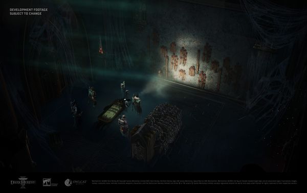 An Inquisitorial party examines wall symbols with a light in an official Dark Heresy development scene