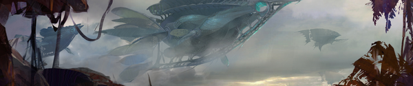 Official ArenaNet Guild Wars 2 concept art showing Pact airships over a painted landscape. Used as an illustration.