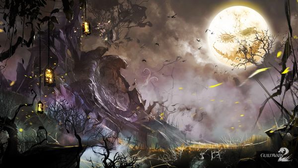 Official ArenaNet Halloween artwork of a twisted tree, hanging lanterns and a full moon above a misty landscape.
