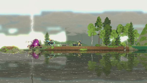 Two monarchs and their troops attack a purple Greed portal as lightning strikes in Norse Lands. Screenshot from our co-op gameplay.
