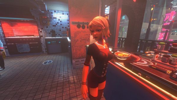 A server holds a tray with a bowl of noodles in a Nivalis Nights kitchen.