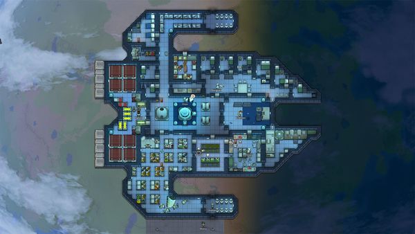 A blue gravship carrying a RimWorld colony above a coastal landscape