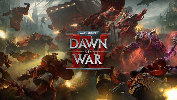 Official Dawn of War IV promotional artwork with Blood Ravens, aircraft and the game logo.