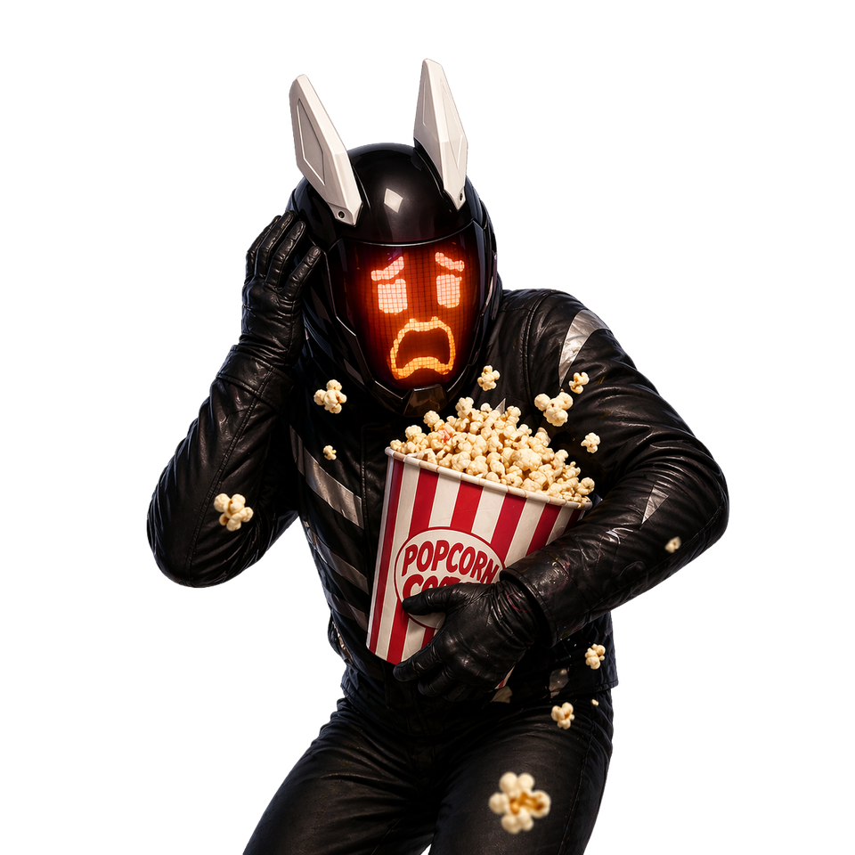 ItsZebraTV mascot wearing a black helmet with an orange startled face display and holding popcorn.