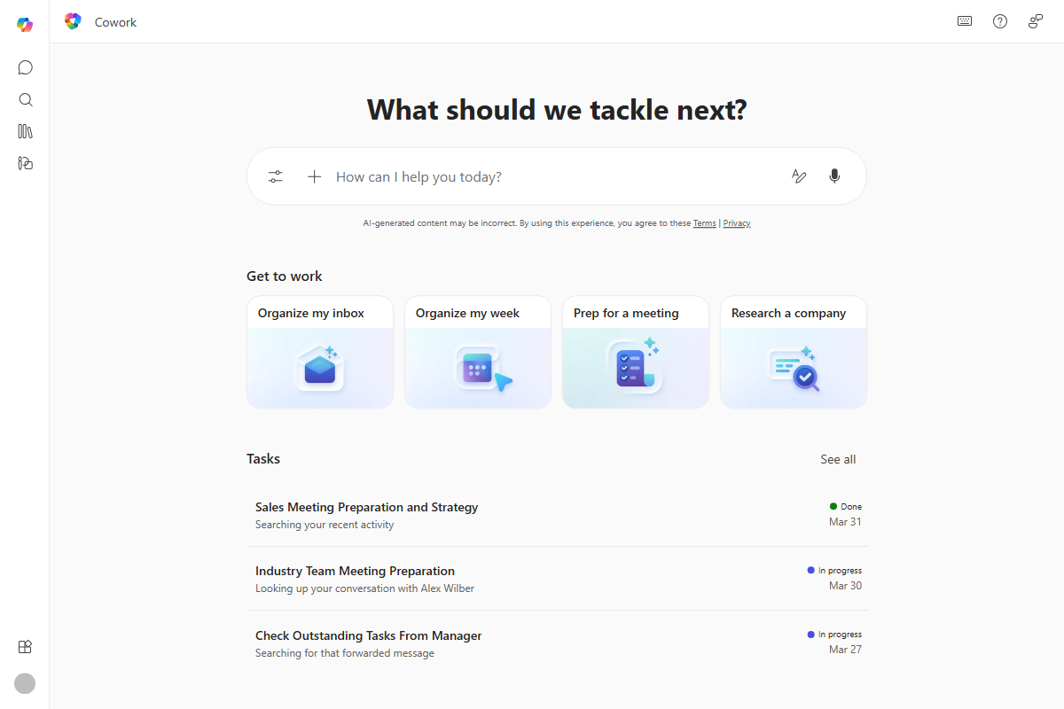 Screenshot of the Cowork home page showing the chat input, suggested prompts, and recent tasks.