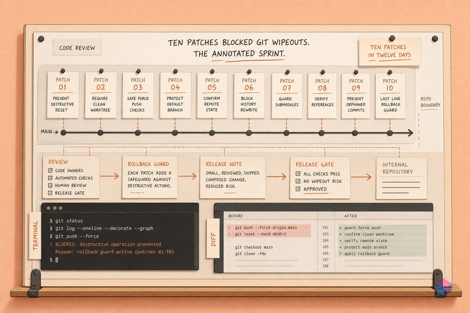 Ten patches blocked git wipeouts. The annotated sprint.