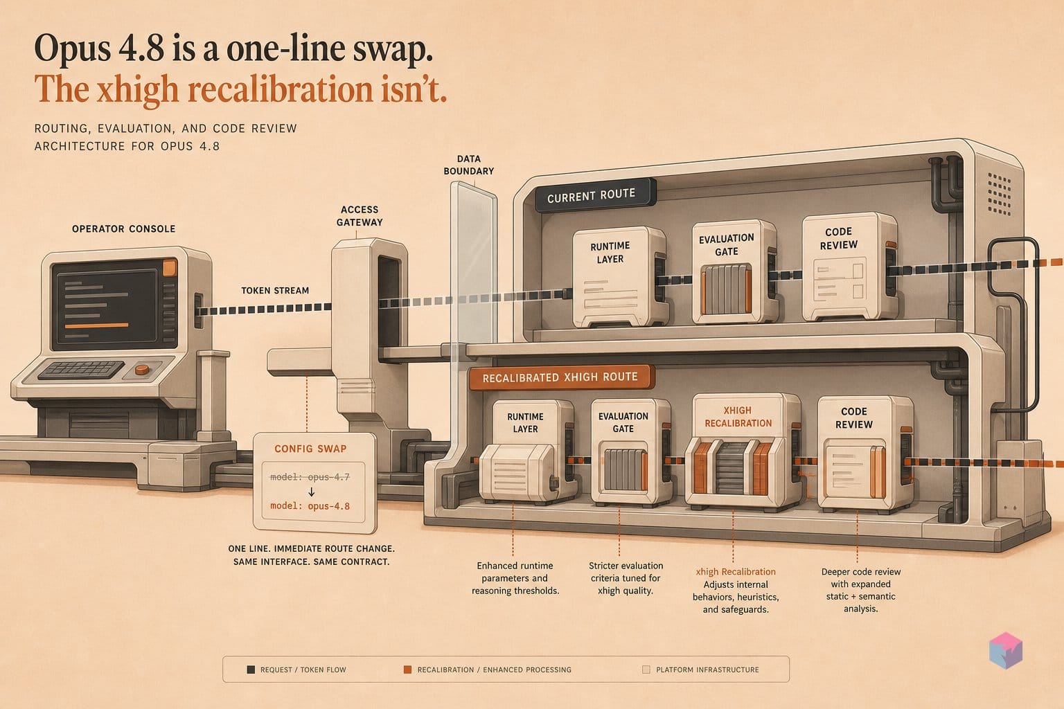 Opus 4.8 is a one-line swap. The xhigh recalibration isn't.