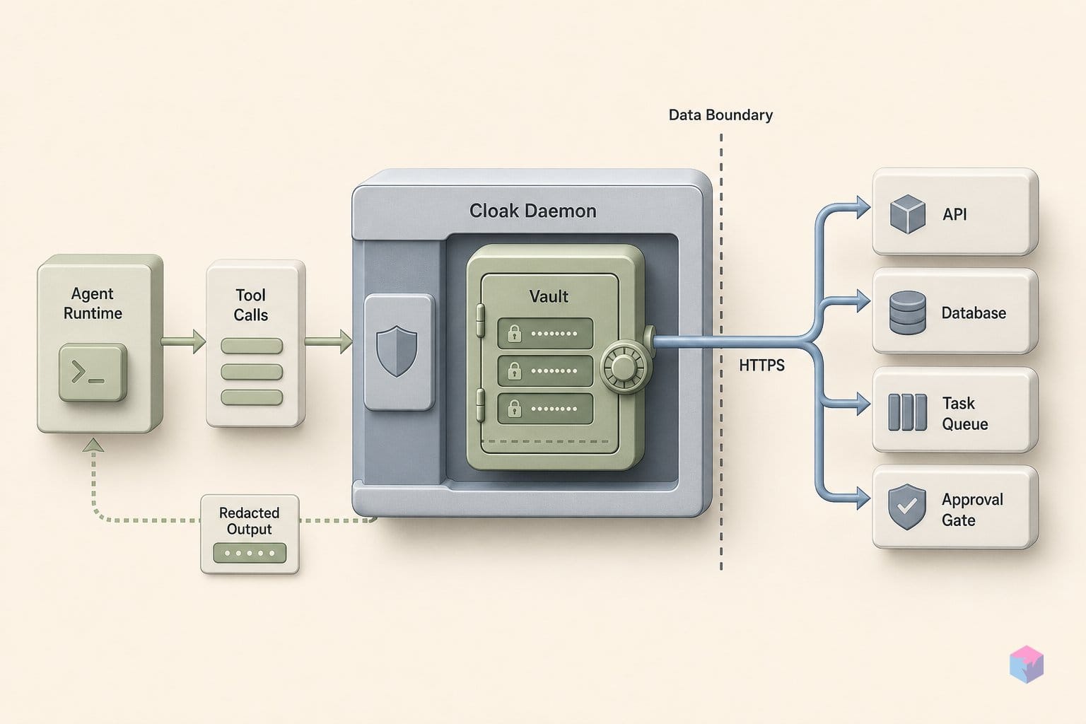 Cloak's daemon owns the HTTPS — raw vault values never exit
