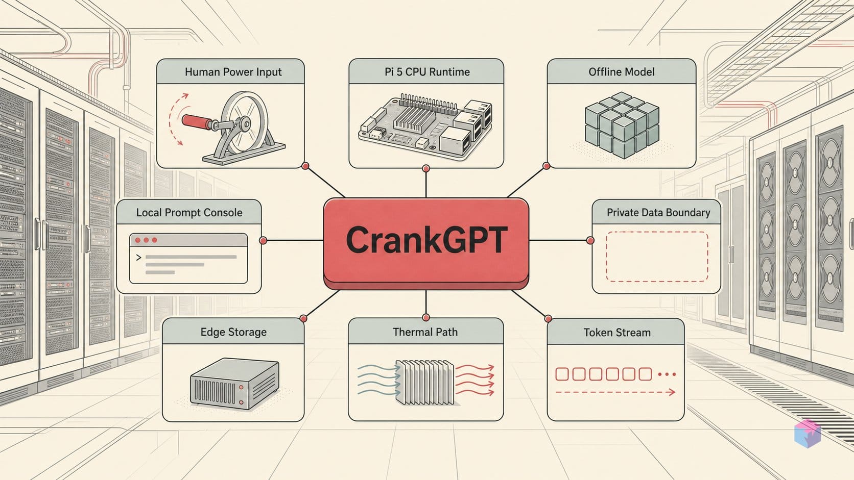 An offline AI you power with your arm — 48 tok/s on a Pi 5 CPU