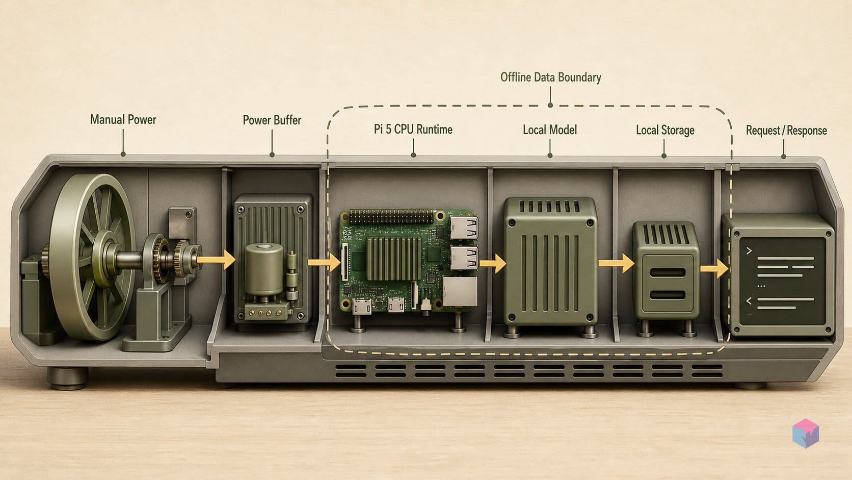 An offline AI you power with your arm — 48 tok/s on a Pi 5 CPU
