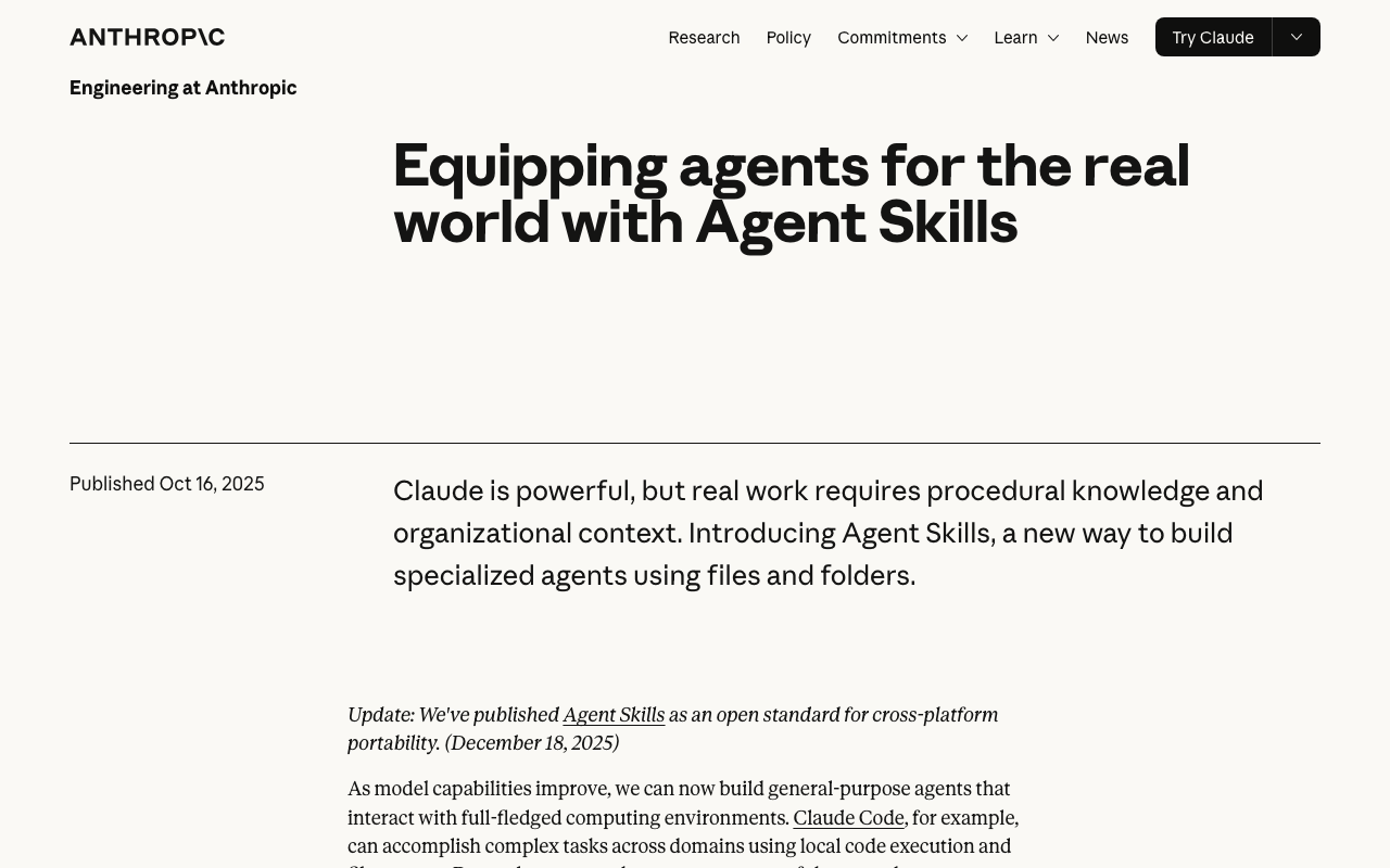 Screenshot of https://www.anthropic.com/engineering/equipping-agents-for-the-real-world-with-agent-skills