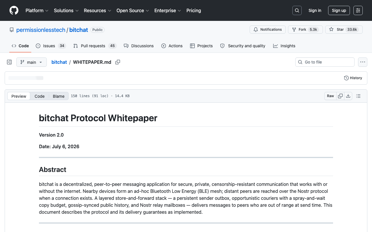 Screenshot of https://github.com/permissionlesstech/bitchat/blob/main/WHITEPAPER.md