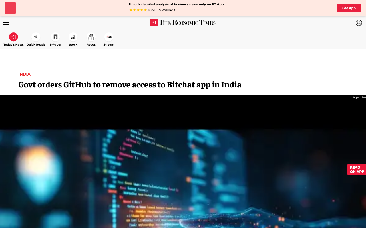 Screenshot of https://m.economictimes.com/news/india/govt-orders-github-to-remove-access-to-bitchat-app-in-india/amp_articleshow/132613661.cms