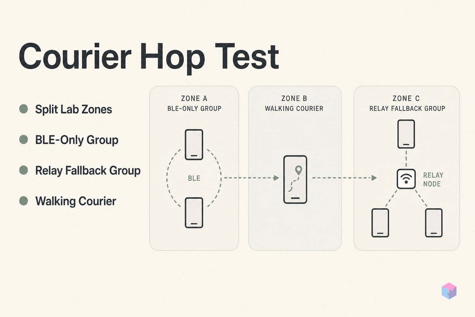 Smoke-testing async DM delivery and courier hops in a partitioned BLE mesh