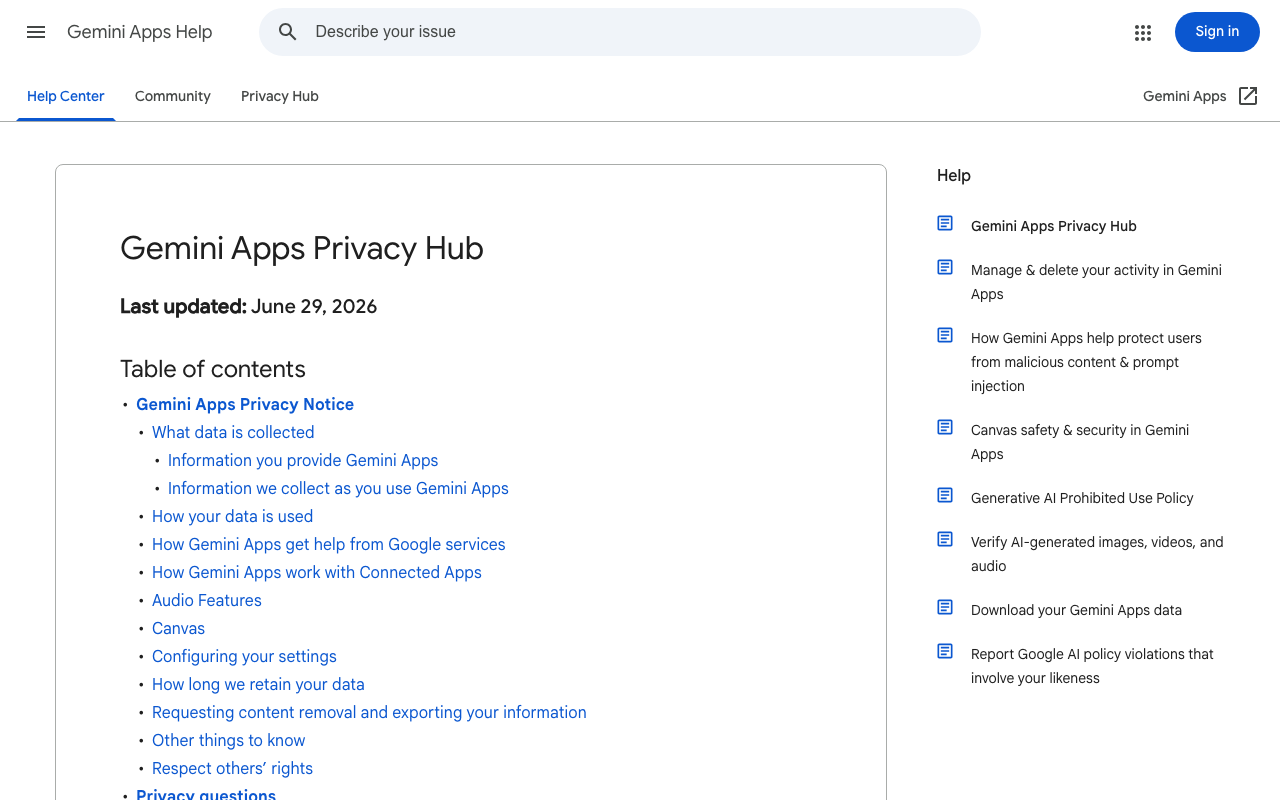 Screenshot of https://support.google.com/gemini/answer/13594961