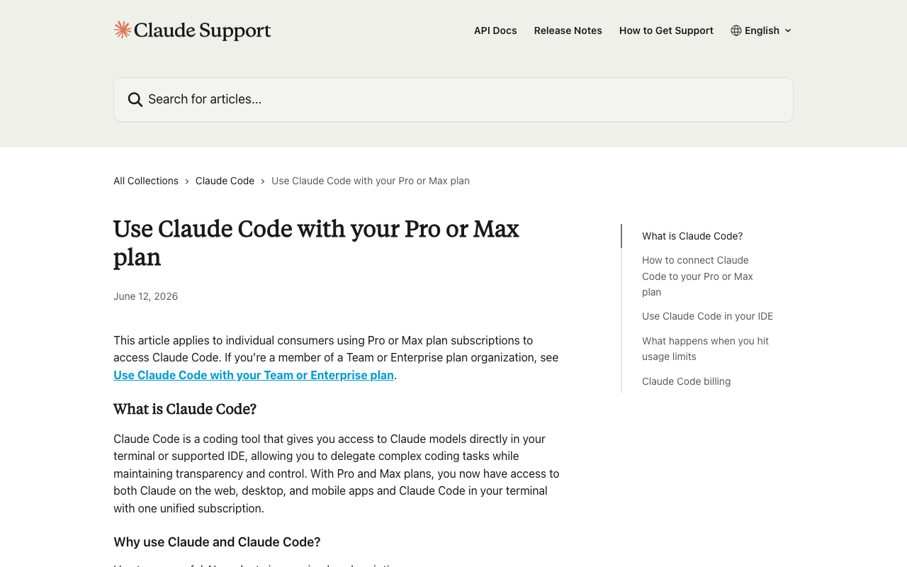 Screenshot of https://support.claude.com/en/articles/11145838-use-claude-code-with-your-pro-or-max-plan