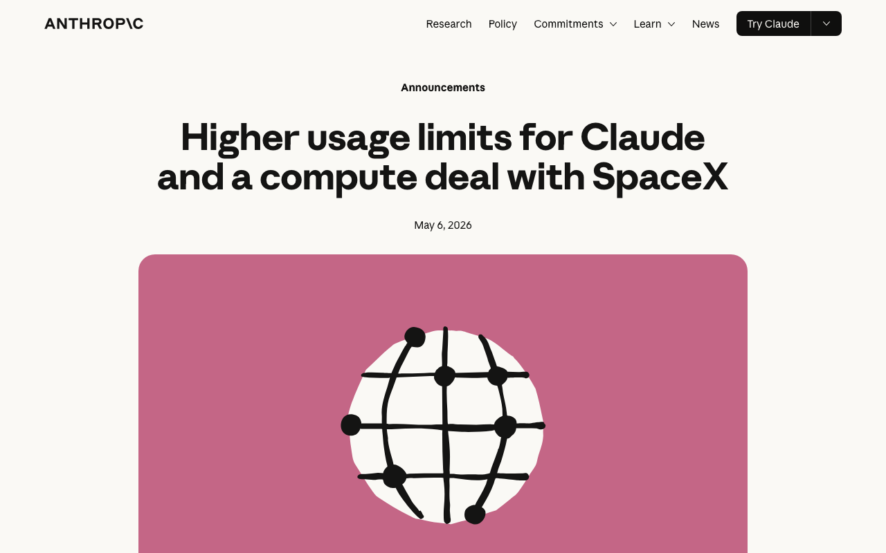 Screenshot of https://www.anthropic.com/news/higher-limits-spacex