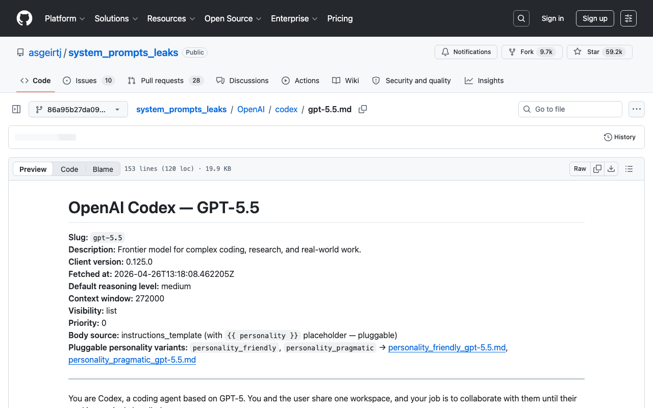 Screenshot of https://github.com/asgeirtj/system_prompts_leaks/blob/86a95b27da09282888cd9ccb7779cbd15c455658/OpenAI/codex/gpt-5.5.md