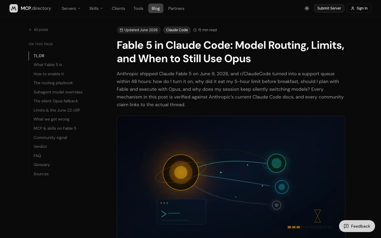 Screenshot of https://mcp.directory/blog/fable-5-claude-code-model-routing-guide-2026