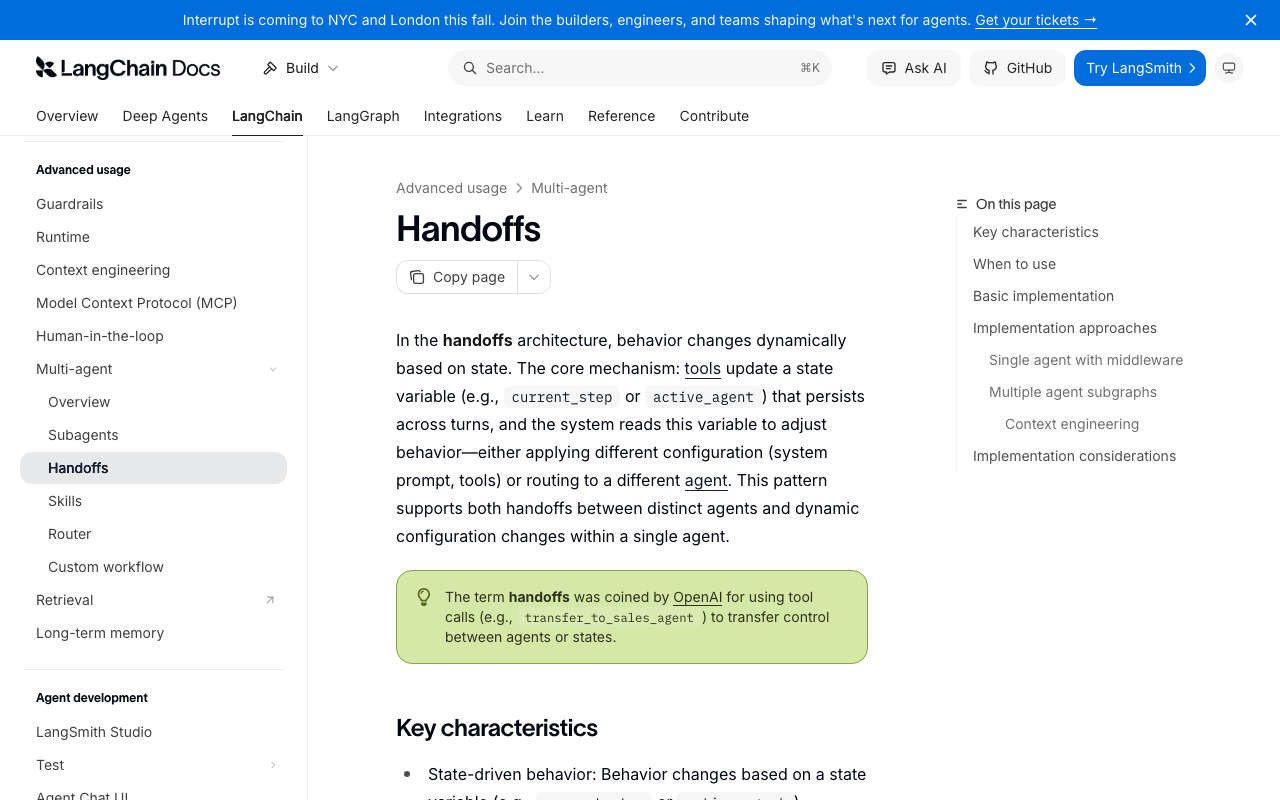 Screenshot of https://docs.langchain.com/oss/python/langchain/multi-agent/handoffs