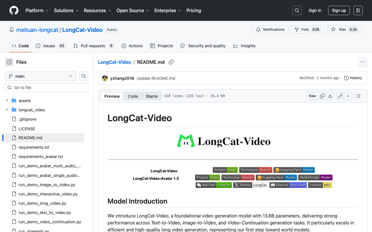 Screenshot of https://github.com/meituan-longcat/LongCat-Video/blob/main/README.md
