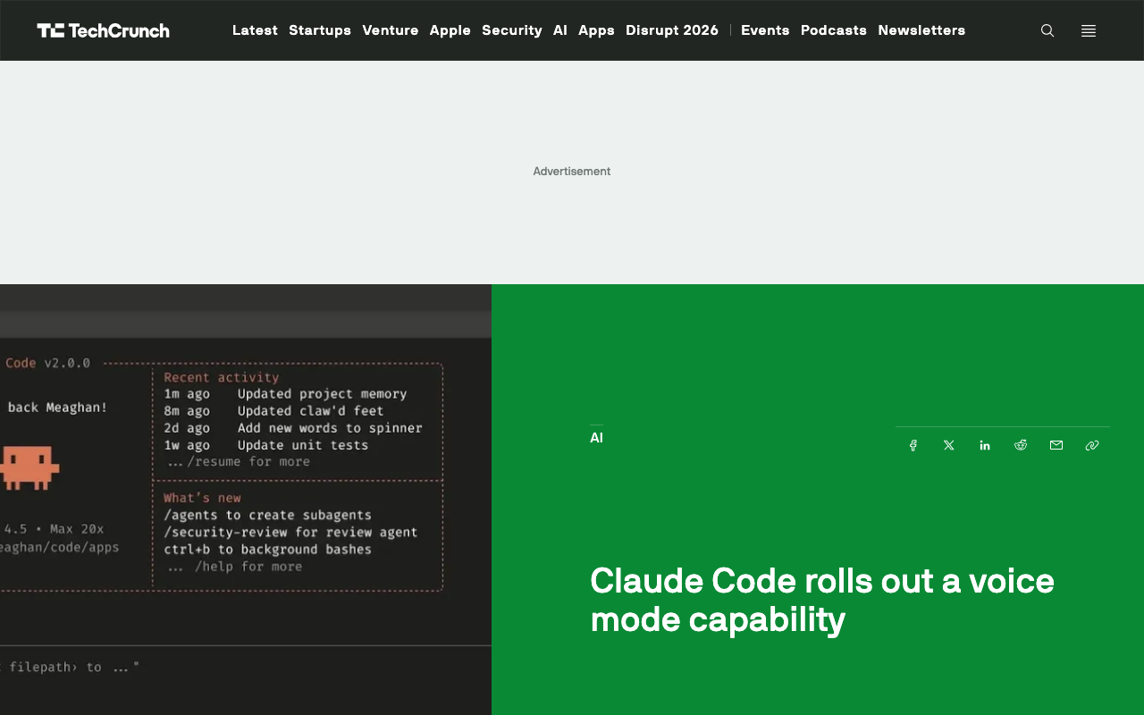 Screenshot of https://techcrunch.com/2026/03/03/claude-code-rolls-out-a-voice-mode-capability/