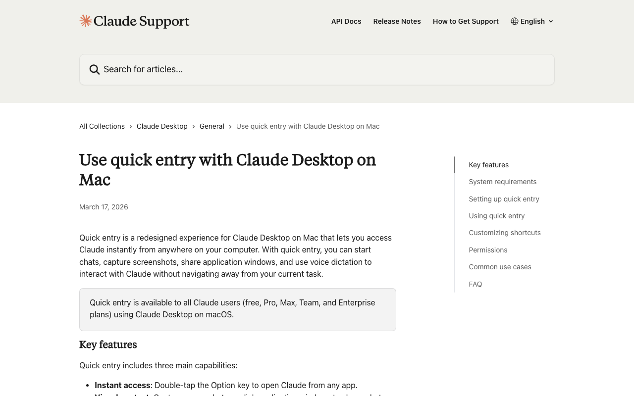 Screenshot of https://support.claude.com/en/articles/12626668-use-quick-entry-with-claude-desktop-on-mac