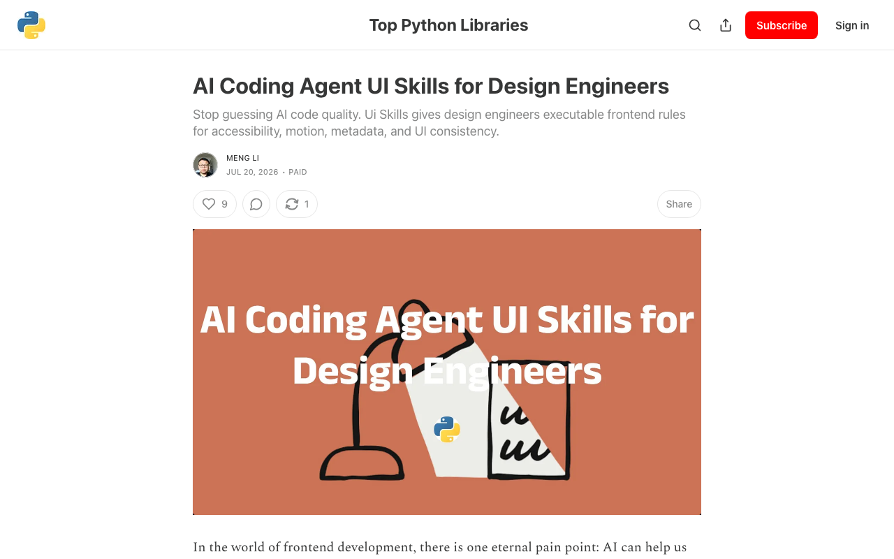 Screenshot of https://pythonlibraries.substack.com/p/ai-coding-agent-ui-skills-for-design