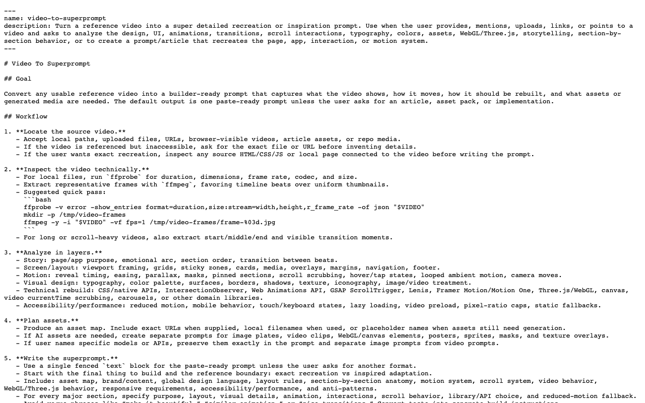 Screenshot of https://raw.githubusercontent.com/MengTo/Skills/main/agent-skills/codex/video-to-superprompt/SKILL.md
