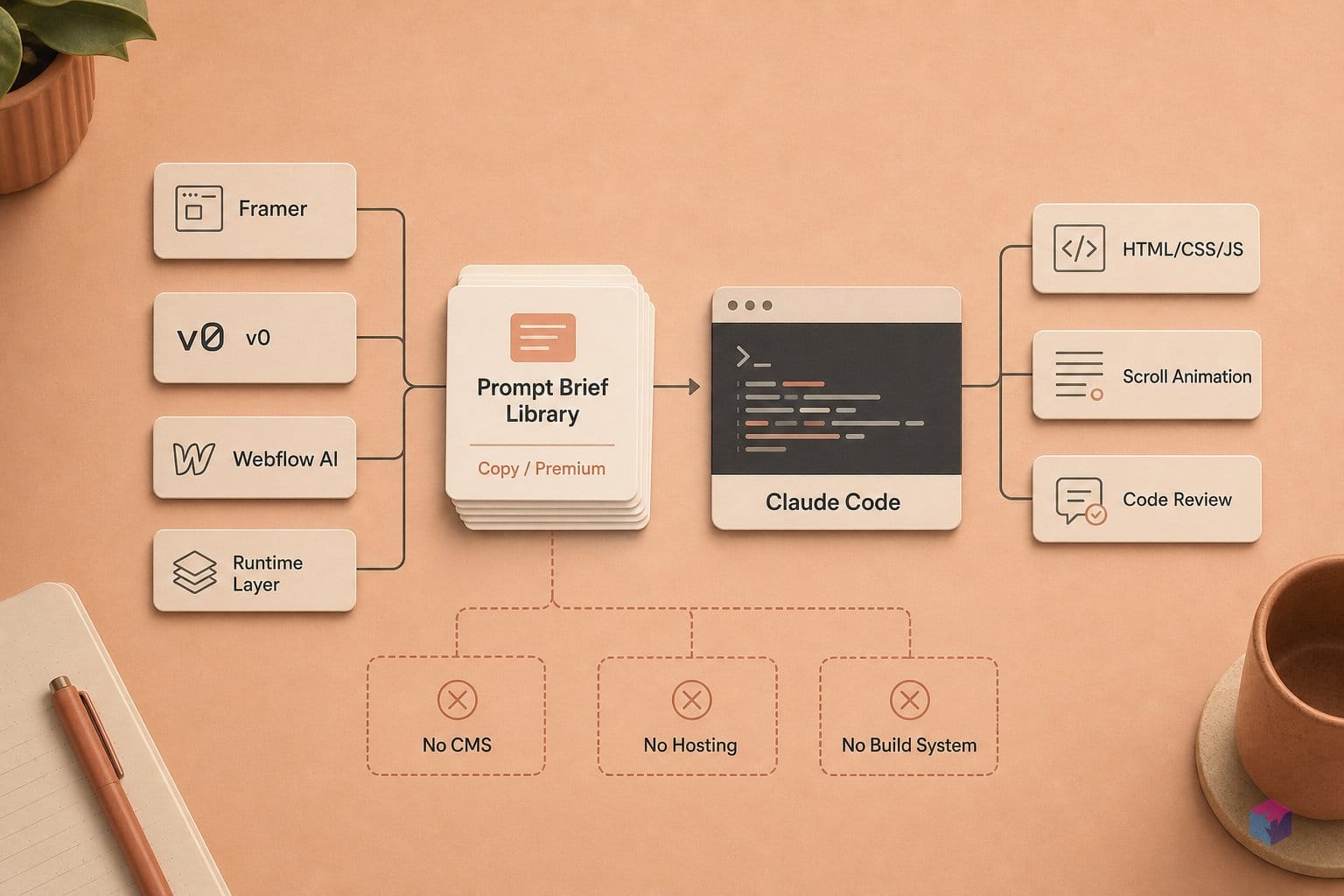 How MotionSites fits: prompt-brief library feeding Claude Code — no CMS, hosting, or build system