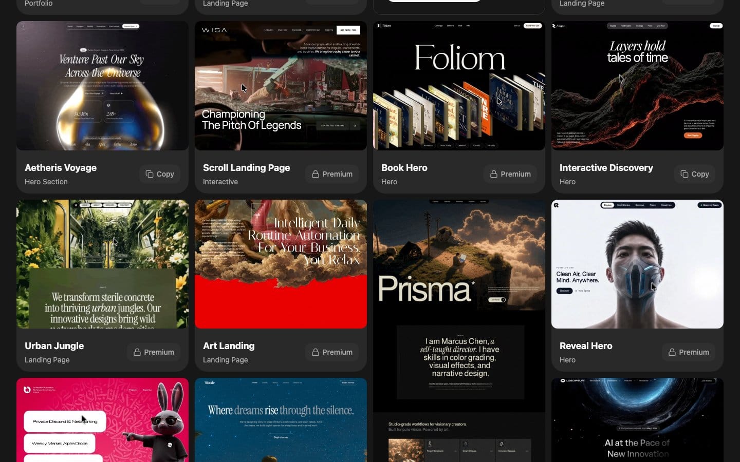 MotionSites.ai template gallery — the actual premium sections you copy (source: motionsites.ai)