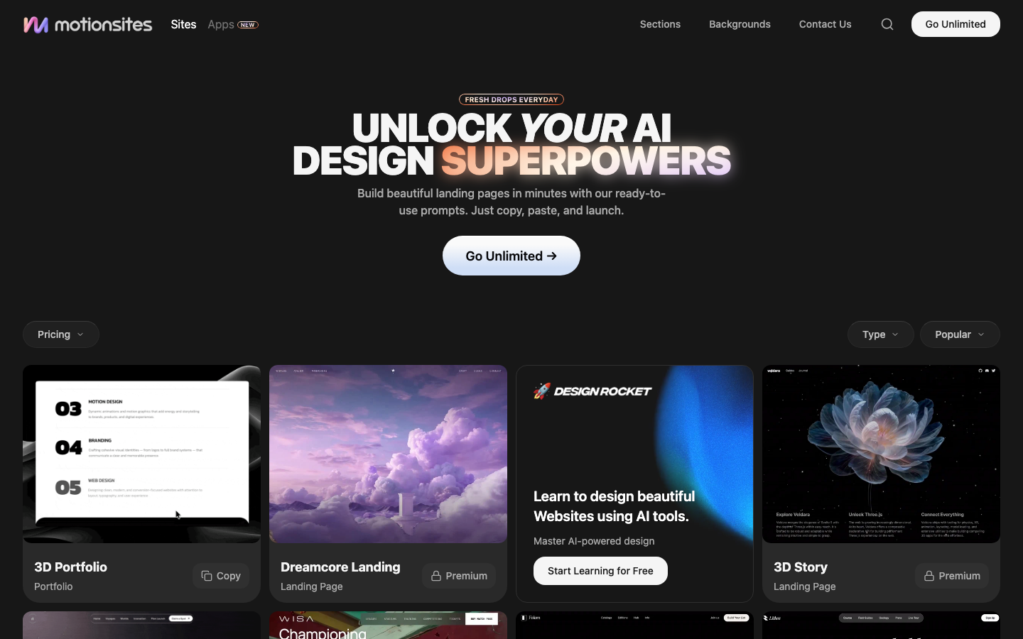 MotionSites.ai — copy a prompt, paste into Claude Code, launch (source: motionsites.ai)