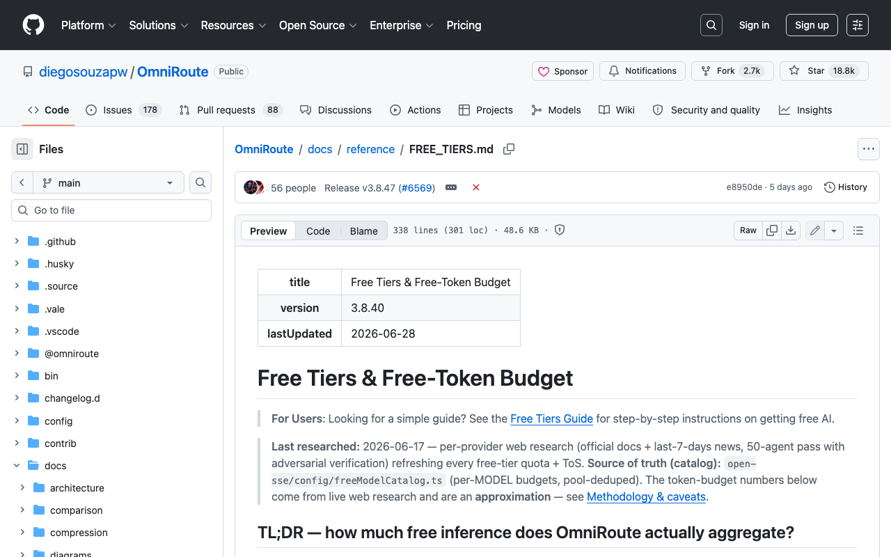 Screenshot of https://github.com/diegosouzapw/OmniRoute/blob/main/docs/reference/FREE_TIERS.md
