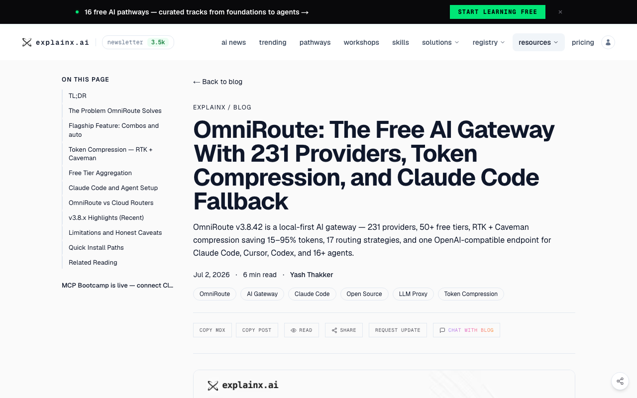 Screenshot of https://explainx.ai/blog/omniroute-ai-gateway-free-llm-proxy-claude-code-2026