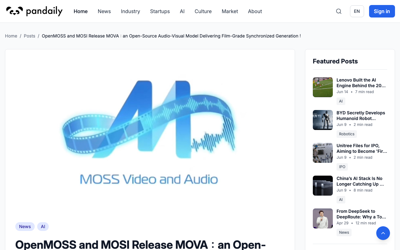 Screenshot of https://pandaily.com/open-moss-and-mosi-release-mova-an-open-source-audio-visual-model-delivering-film-grade-synchronized-generation