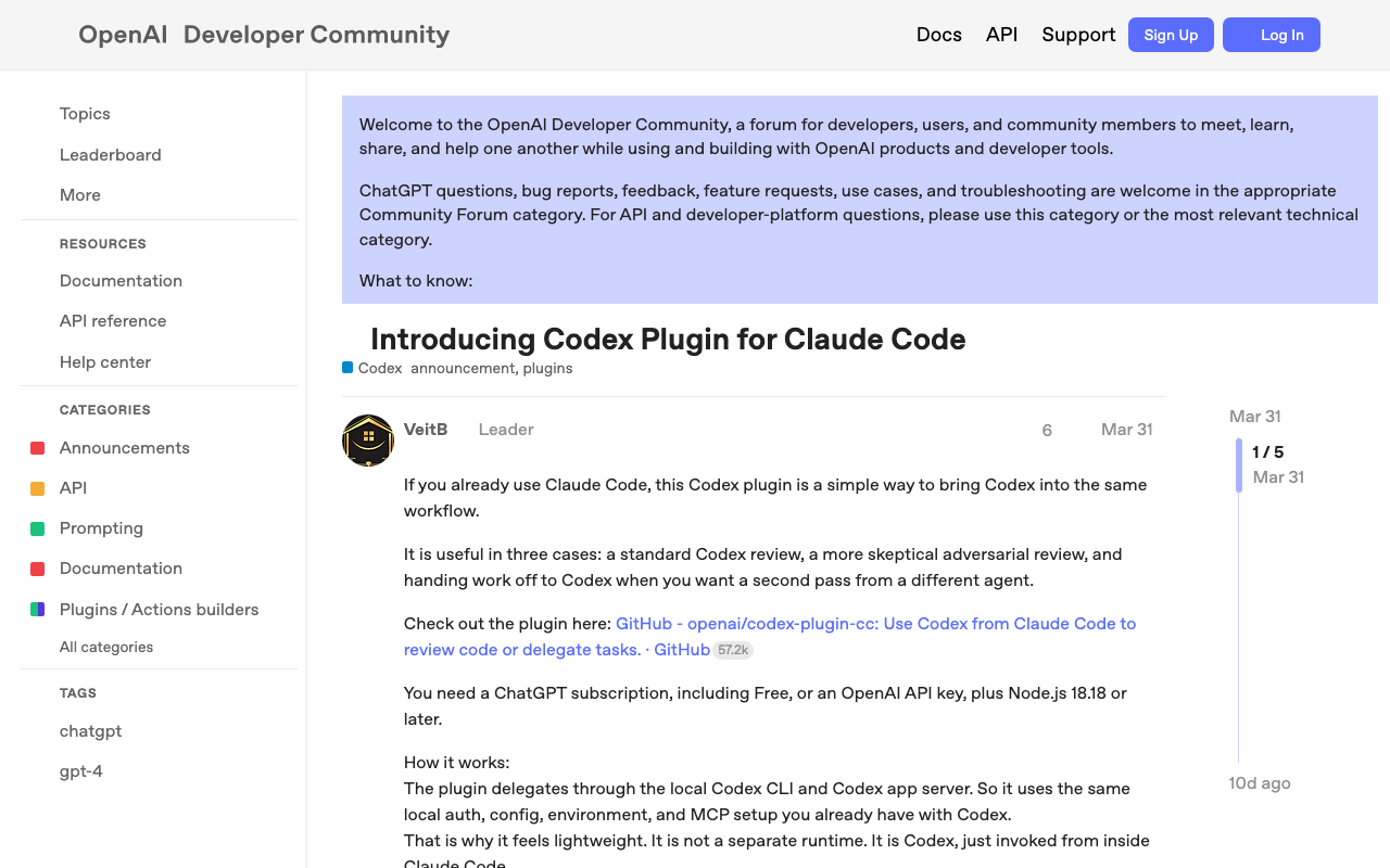 Screenshot of https://community.openai.com/t/introducing-codex-plugin-for-claude-code/1378186