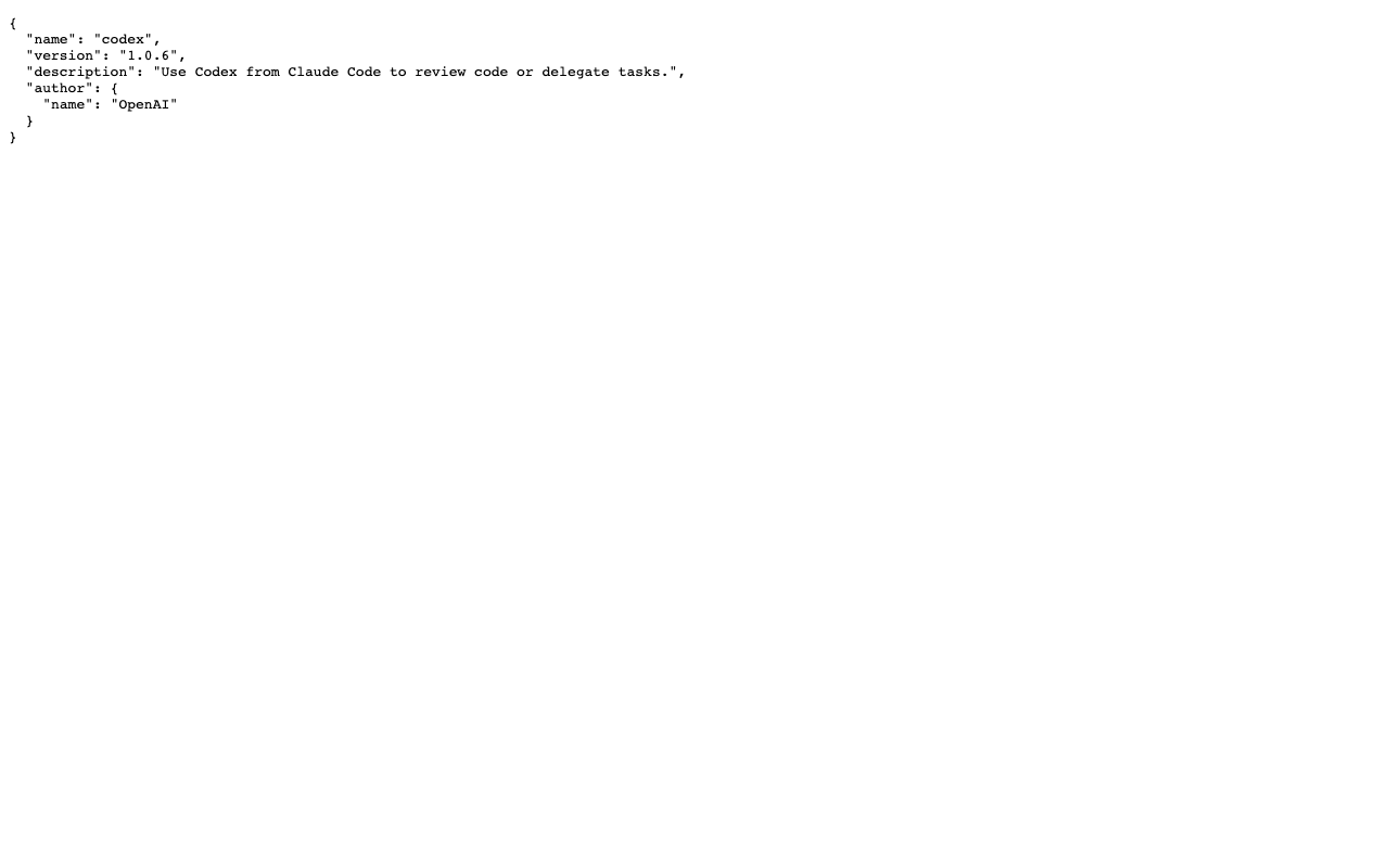 Screenshot of https://raw.githubusercontent.com/openai/codex-plugin-cc/main/plugins/codex/.claude-plugin/plugin.json