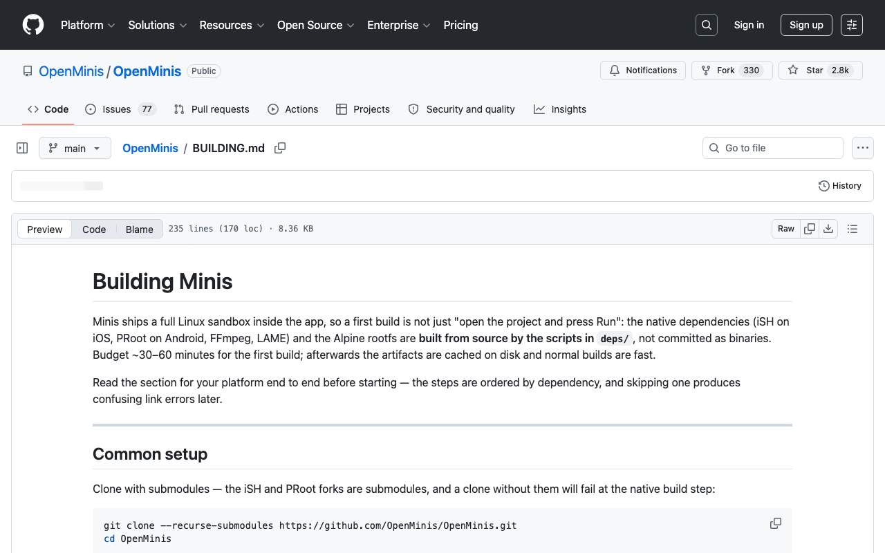 Screenshot of https://github.com/OpenMinis/OpenMinis/blob/main/BUILDING.md