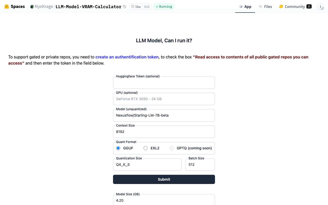 Screenshot of https://huggingface.co/spaces/NyxKrage/LLM-Model-VRAM-Calculator